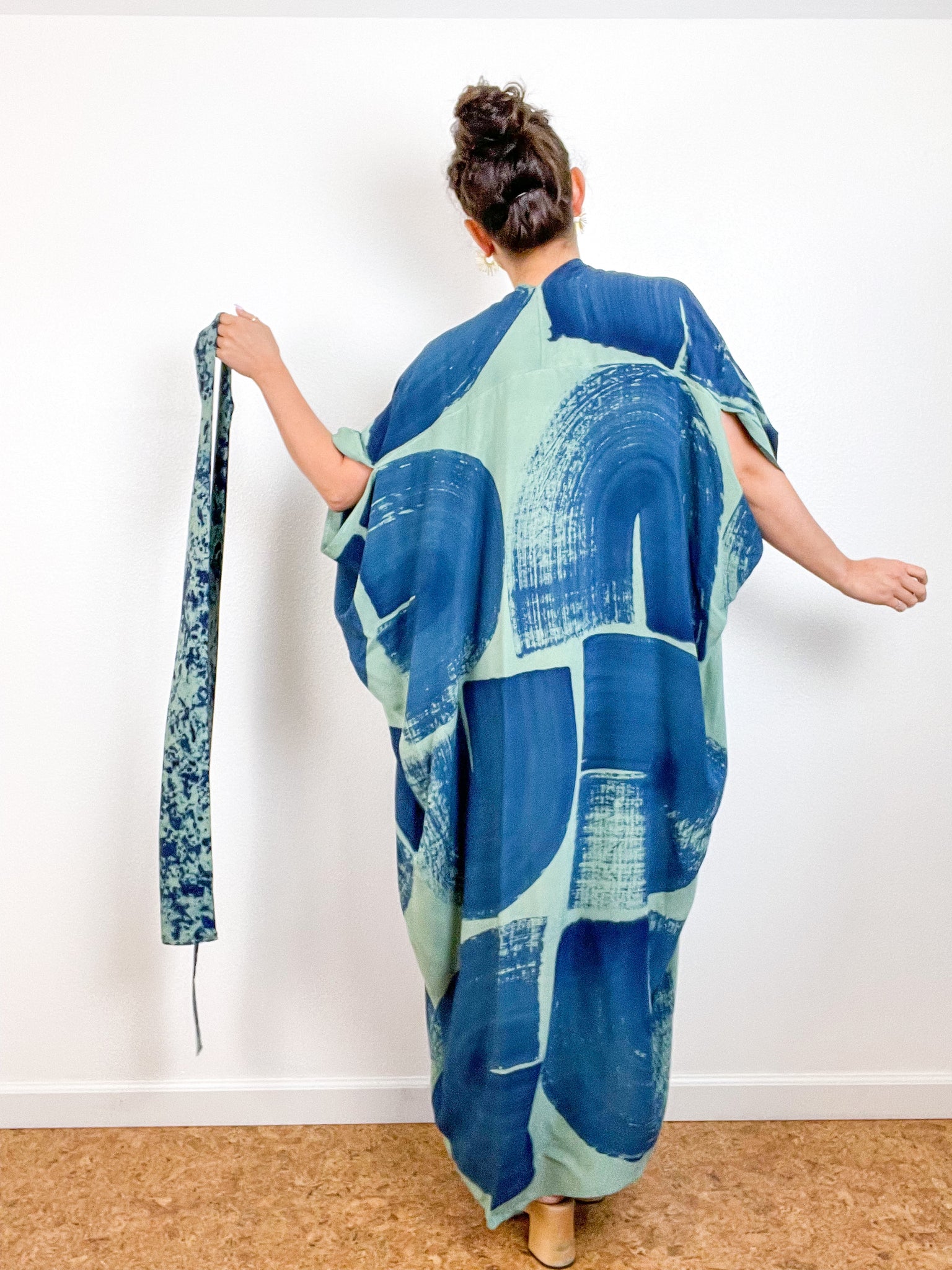 Hand-Dyed High Low Kimono Sage Indigo Brushstroke