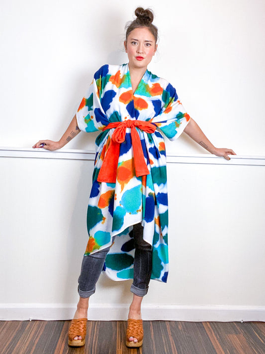OOAK Hand-Dyed High Low Kimono Indigo Tangerine Emerald Parakeet Inkblot