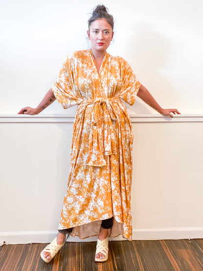 Print High Low Kimono Marigold Floral Knit