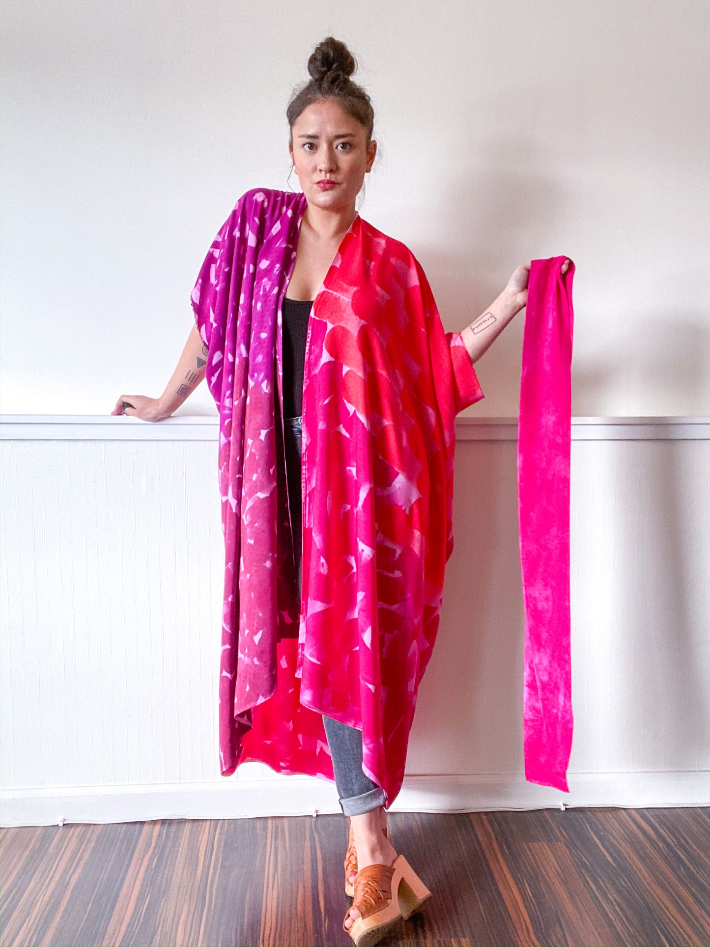 Limited Edition Hand-Dyed High Low Pink Red Brustrokes