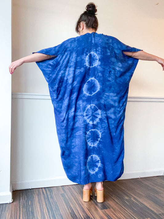 Hand-Dyed High Low Kimono Indigo Circles