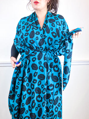Print High Low Kimono Teal Black Leopard Rayon Challis
