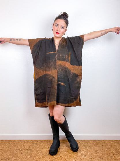 Hand-Dyed Linen Smock Dress Chestnut Black Brushstrokes