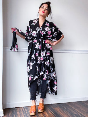 Print High Low Kimono Black Pink Floral