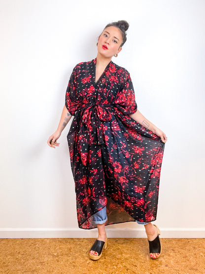 Print High Low Kimono Red Rose Silver Chiffon
