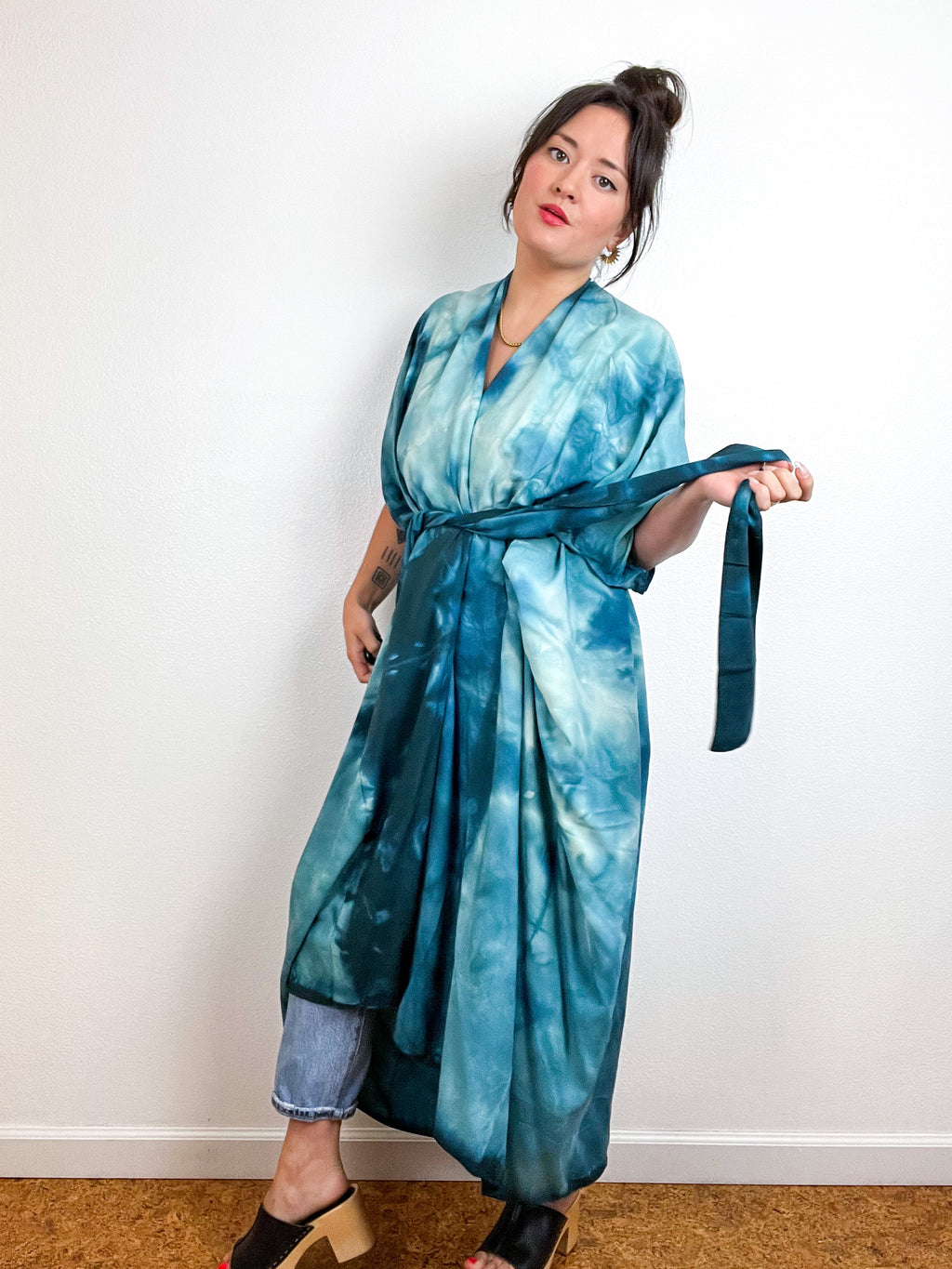 Hand-Dyed High Low Kimono Soft Teal Lines