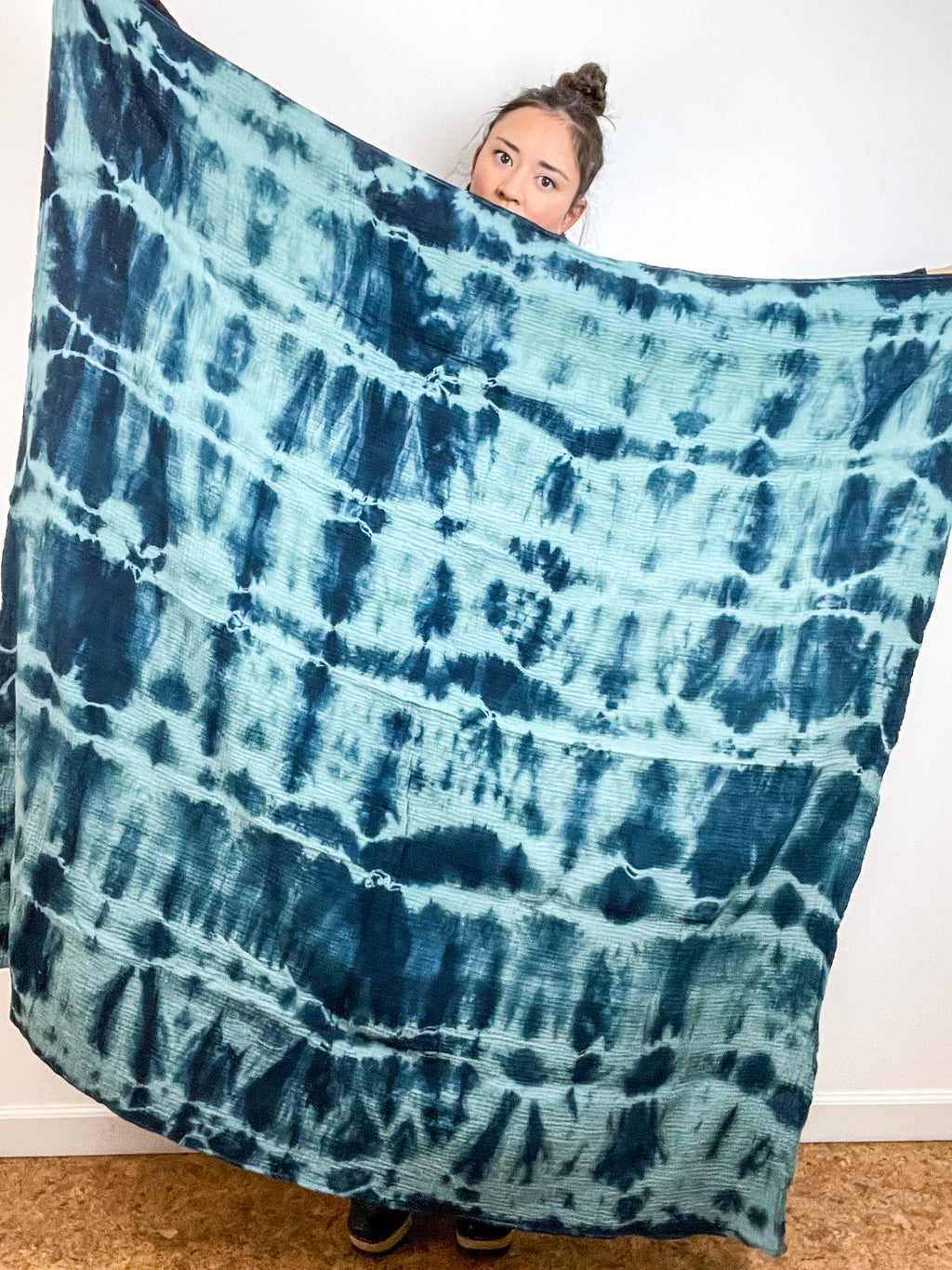 Hand-Dyed Cotton Blanket Scarf Sage Teal Lines