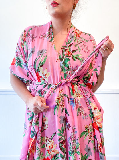 Print High Low Kimono Baby Coral Tropical Floral Rayon Challis