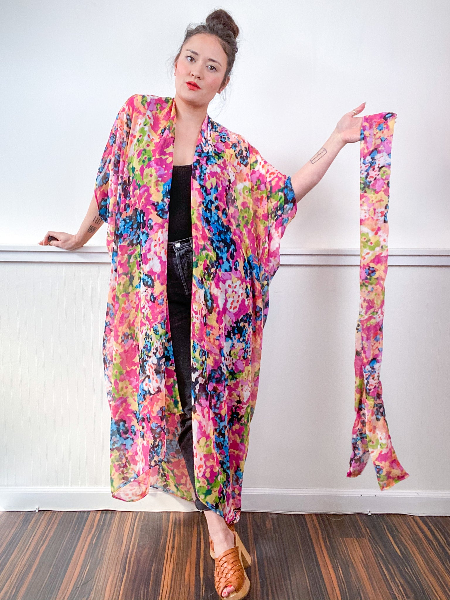 Print High Low Kimono Multi Watercolor Chiffon