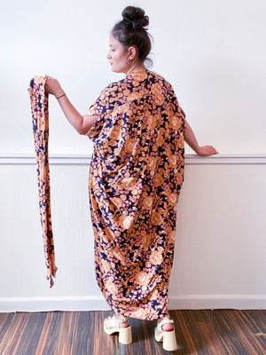 Print High Low Kimono Navy Amber Peony Knit