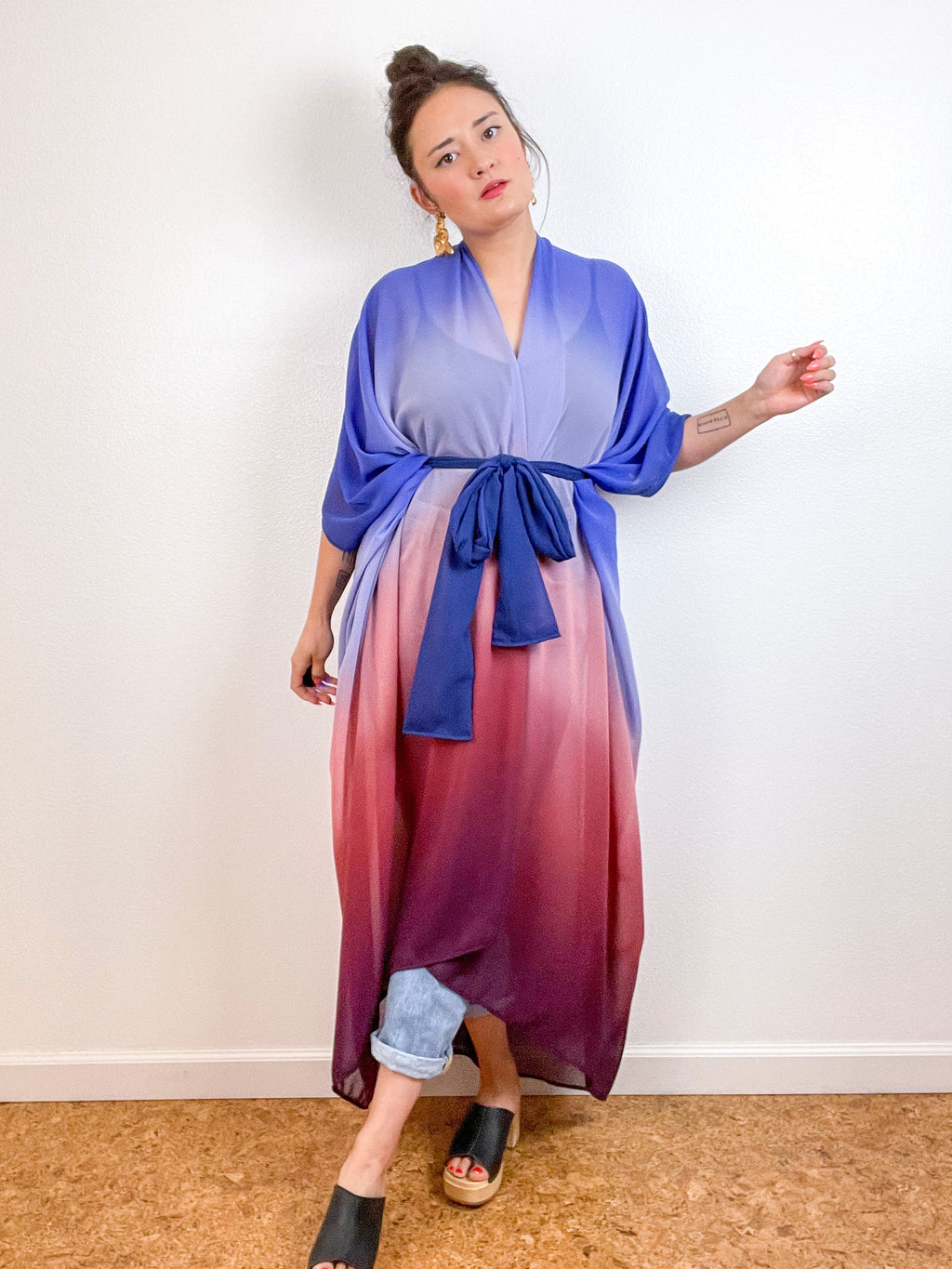 Print High Low Kimono Blue Maroon Ombre Chiffon