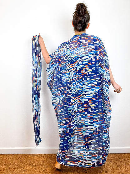 Print High Low Kimono Blue Orange Lines Chiffon