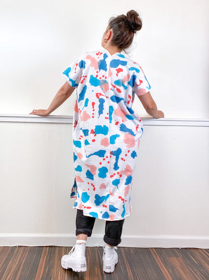 OOAK Hand-Dyed Sweatshirt Smock Dress Size Small Coral Parakeet Scarlet Kingfisher