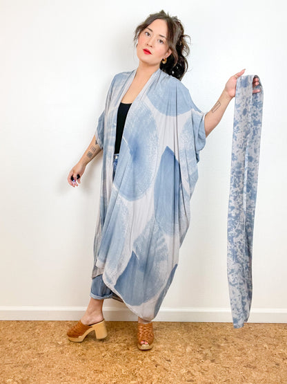 Hand-Dyed High Low Kimono Grey Blue Brushstroke