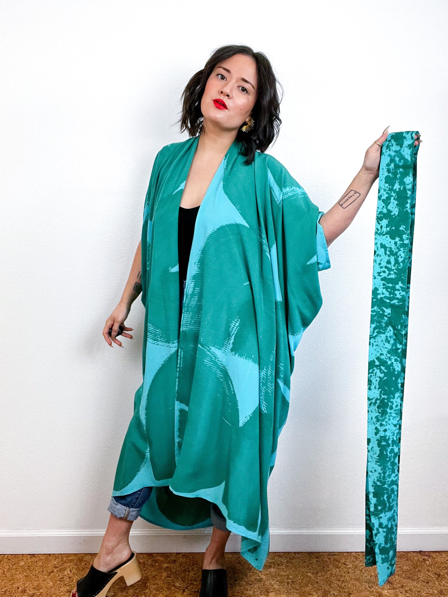 Hand-Dyed High Low Kimono Turquoise Teal Brushstroke