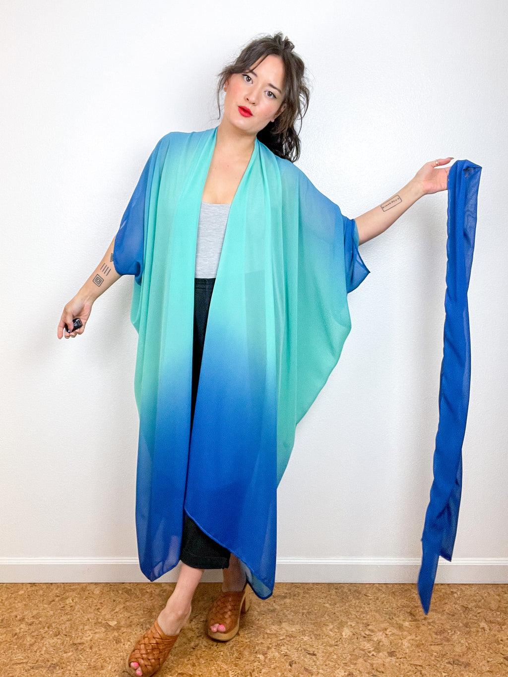 Print High Low Kimono Turquoise Ombré Chiffon