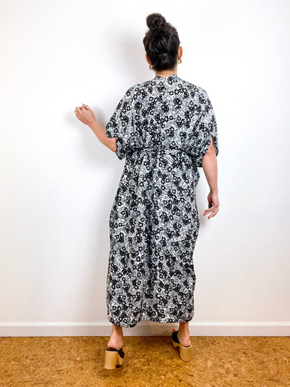 High Low Kimono Black White Mini Floral Rayon Crepe