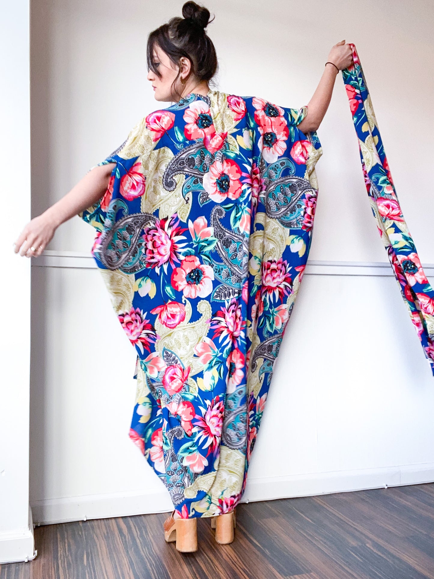 Print High Low Kimono Blue Paisley