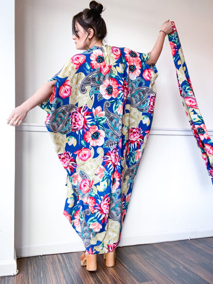 Print High Low Kimono Blue Paisley