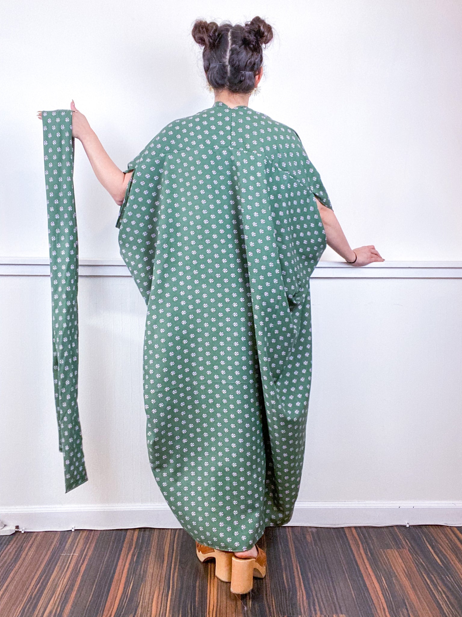 Print High Low Kimono Olive Tie Challis
