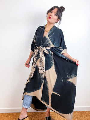 Hand-Dyed High Low Kimono Khaki Black Brushstroke