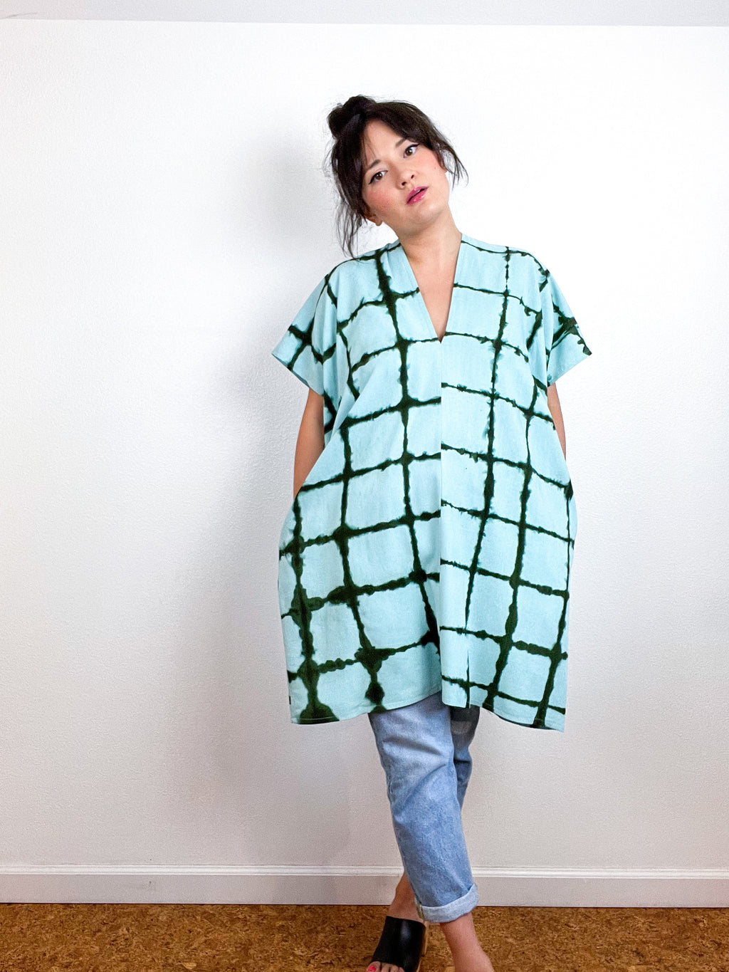 Hand-Dyed Mini Smock Dress Aqua Forest Windowpane