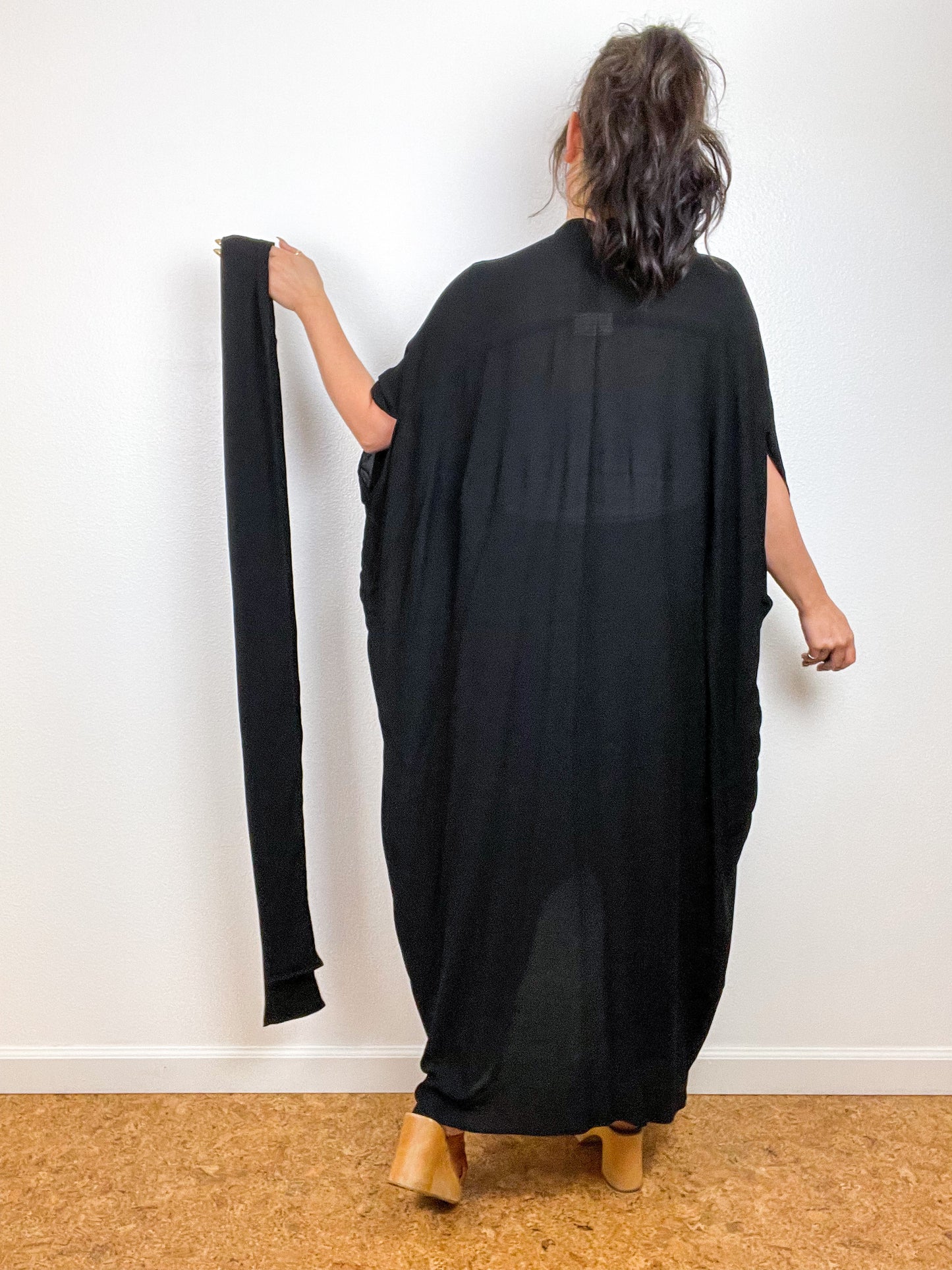 Solid High Low Kimono Black Rayon Gauze
