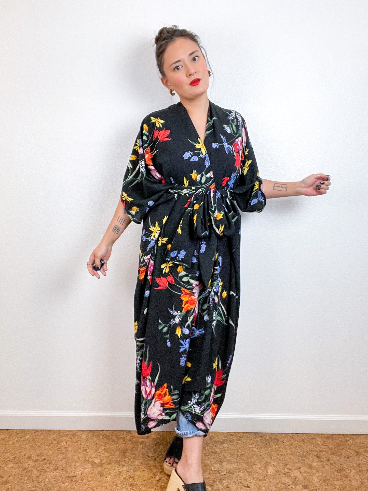 Print High Low Kimono Black Tulip Bubble Crepe