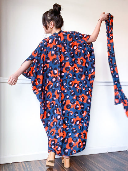 Print High Low Kimono Navy Leopard