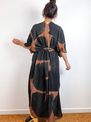 Hand-Dyed High Low Kimono Brown Black Brushstroke