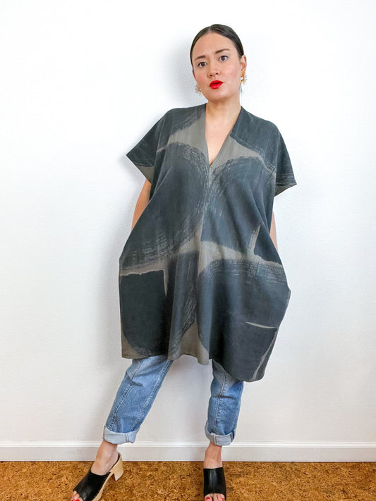 Hand-Dyed Mini Smock Dress Olive Graphite Brushstrokes