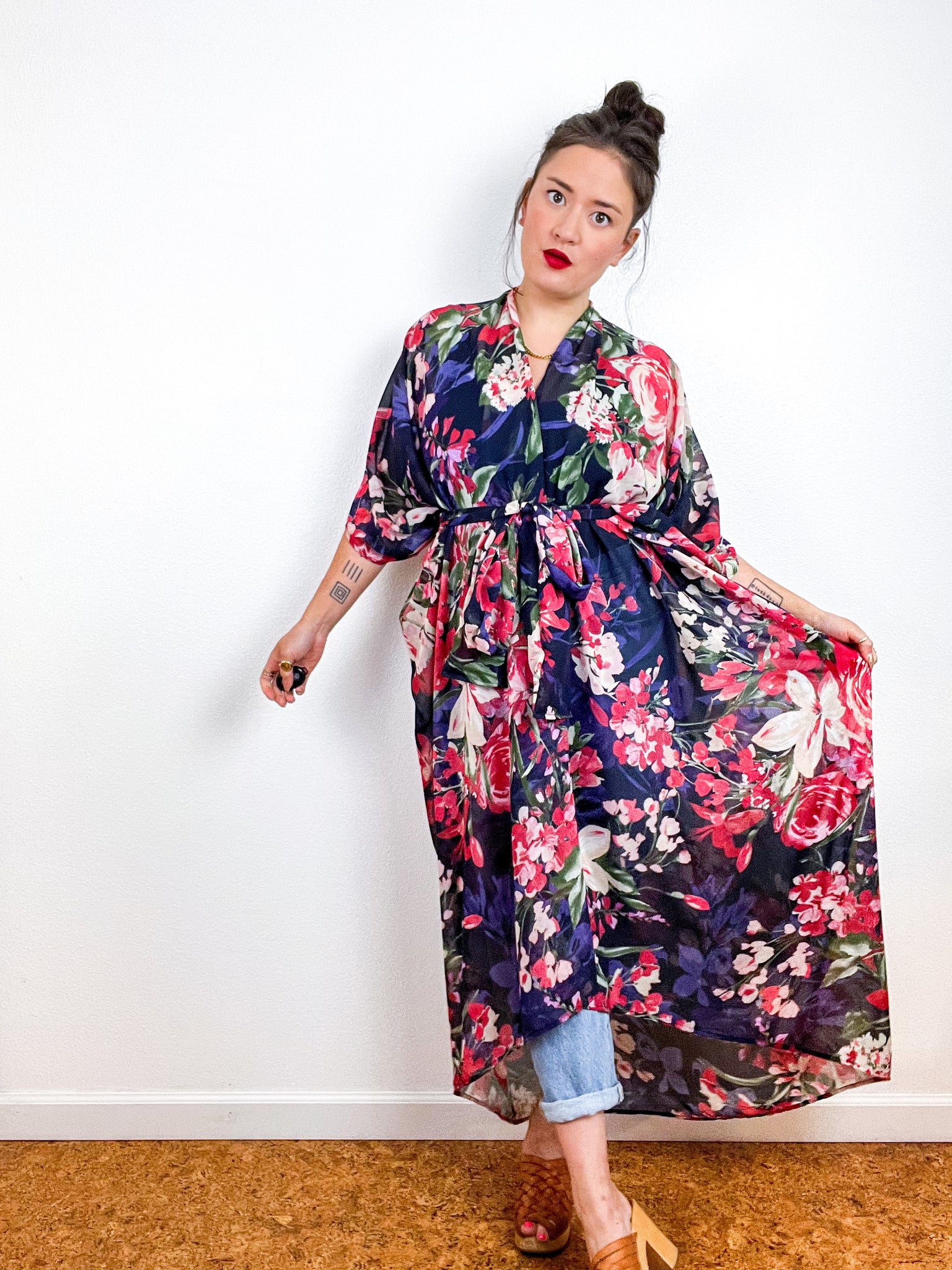 Print High Low Kimono Navy Watercolor Floral Chiffon