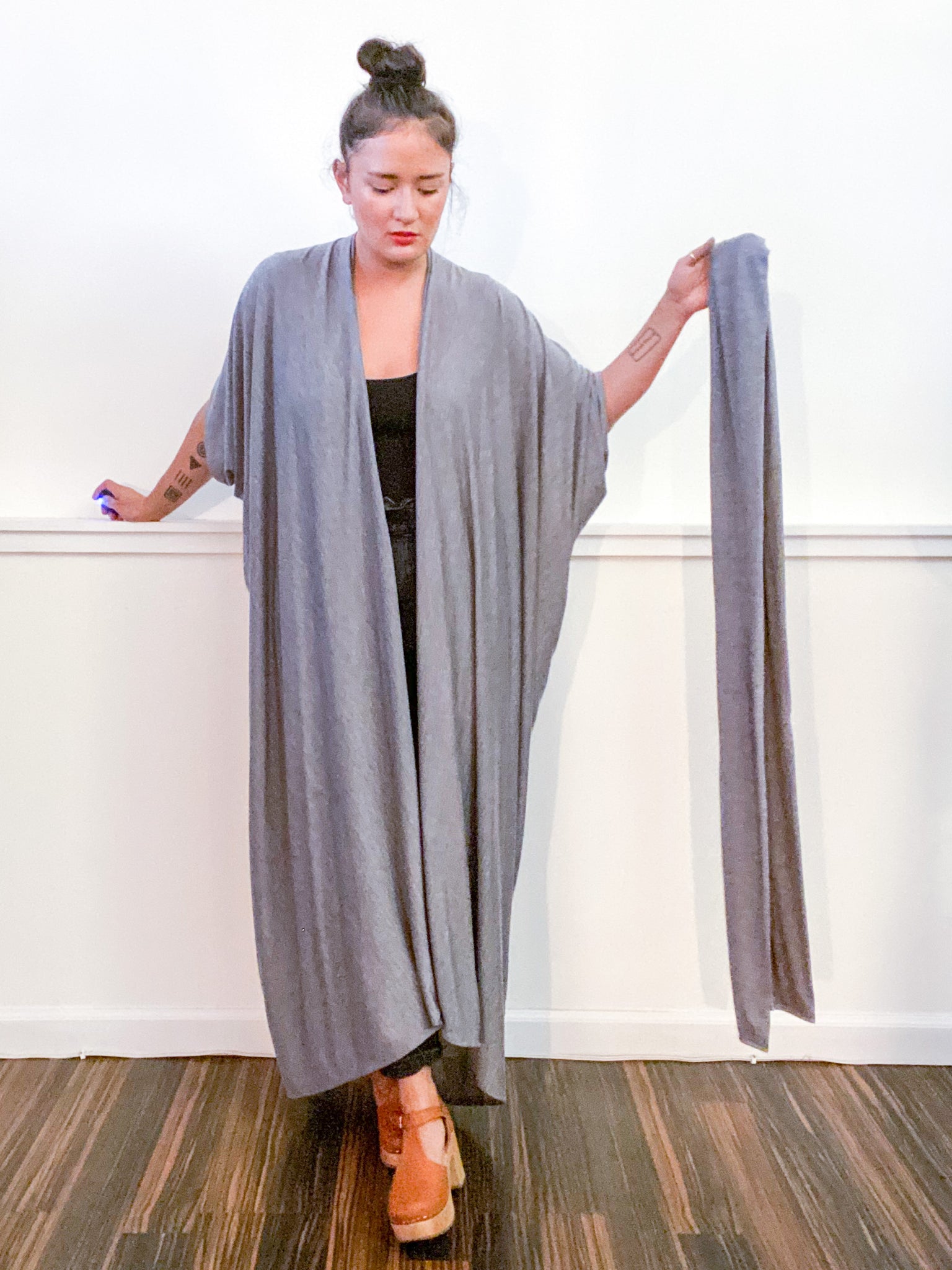 Solid High Low Kimono Heather Grey Knit