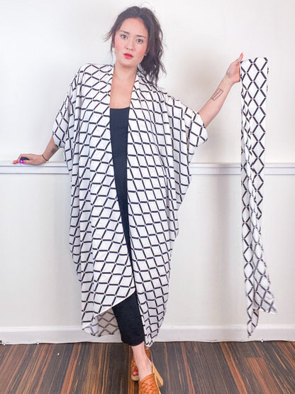 Print High Low Kimono Lattice Crepe