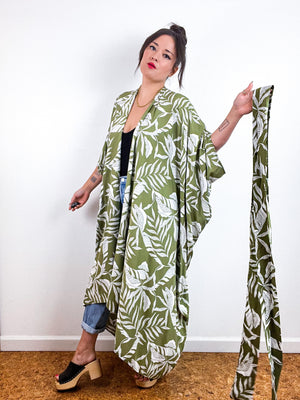 Print High Low Kimono Green Ivory Leaves Challis