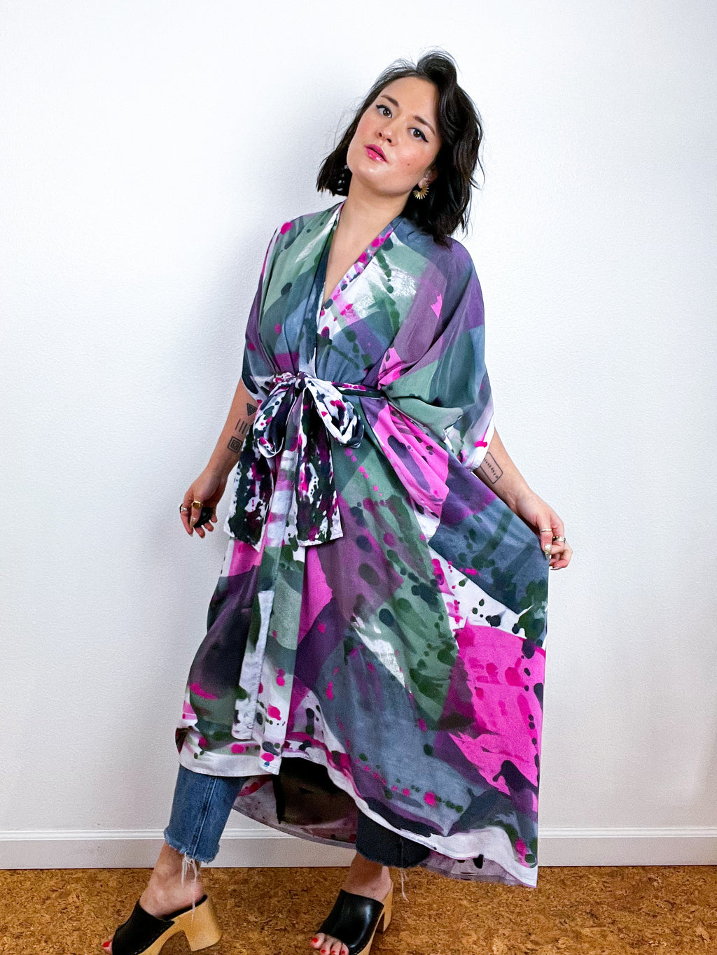 Hand-Dyed High Low Kimono Pink Olive Prism