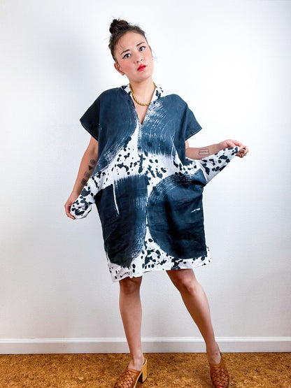 Hand-Dyed Linen Mini Smock Dress Black Brush Drip