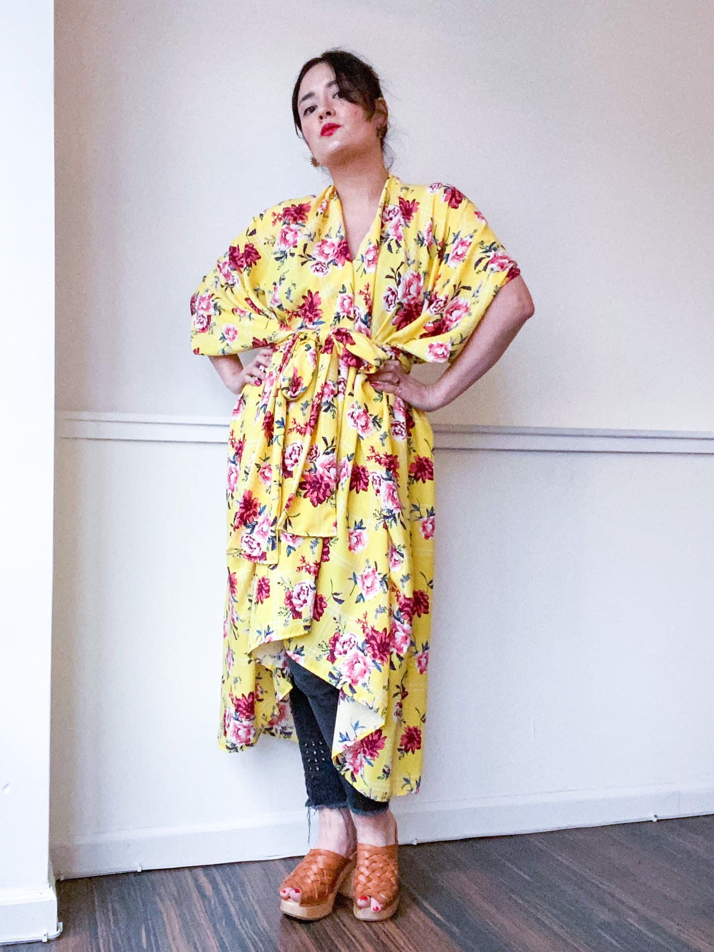 Print High Low Kimono Yellow Grid Floral Rayon Challis