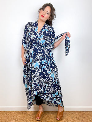 Print High Low Kimono Blue Tropical Slinky Crepe