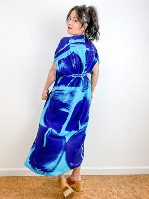 Hand-Dyed High Low Kimono Turquoise Royal Brushstroke