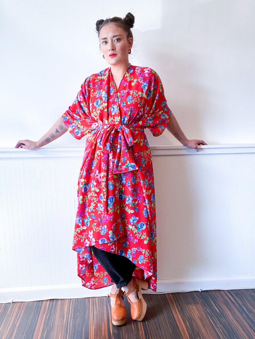 Print High Low Kimono Red Floral Bubble Crepe