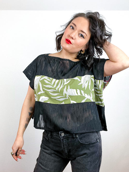 Scrappy Crop Black Green Leaves