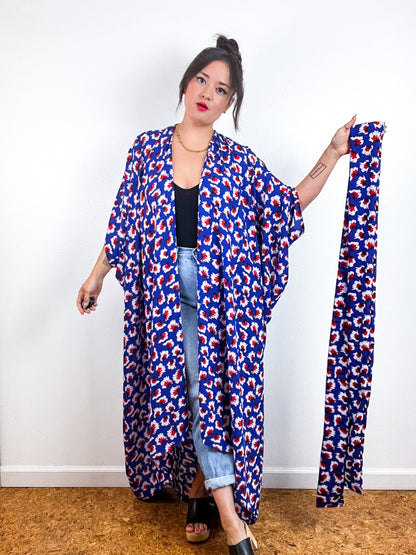 Print High Low Kimono Blue Red Burst Georgette