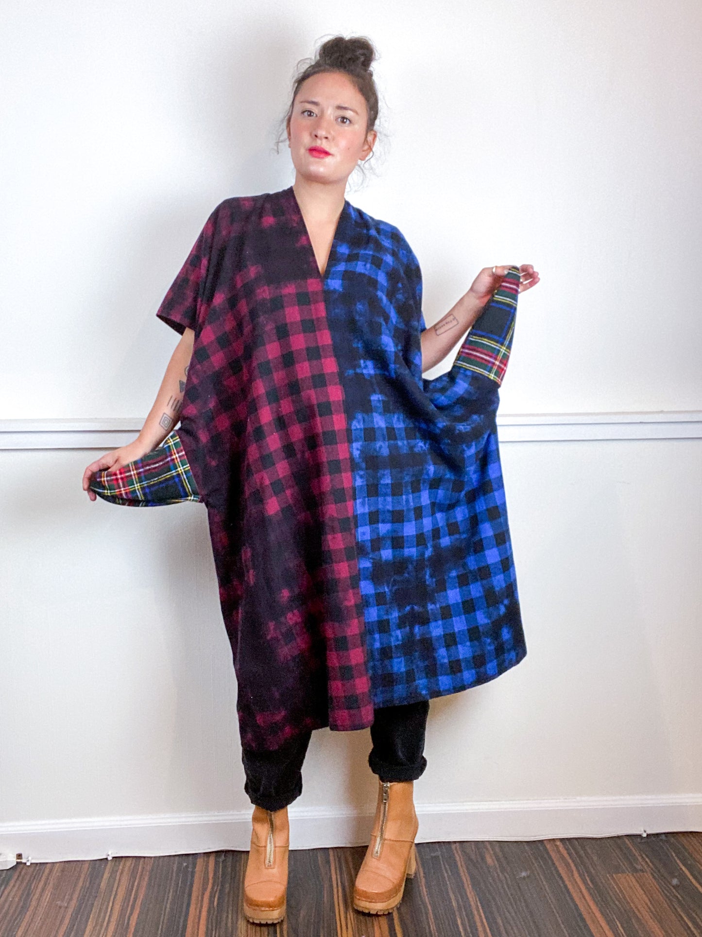 Over-Dye Plaid Smock Dress 2-Tone Blue Red Black Midi