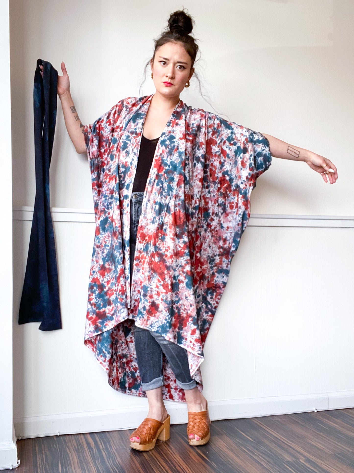 Hand-Dyed High Low Kimono Speckle Teal Terracotta Pink