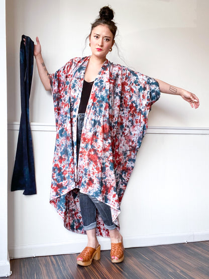 Hand-Dyed High Low Kimono Speckle Teal Terracotta Pink