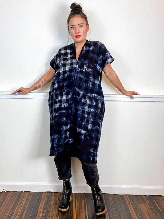 Over-Dye Plaid Smock Dress Black White Buffalo