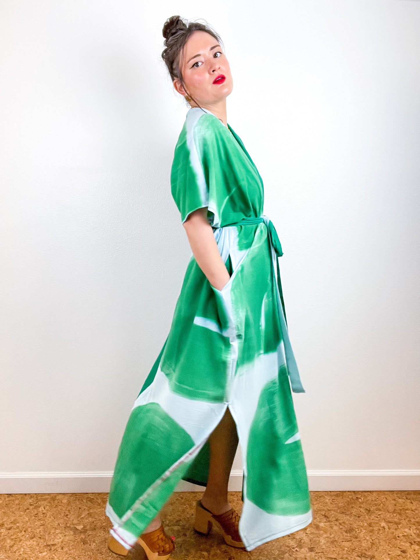 Single Gauze Duster Kimono Green Aqua Brushstrokes