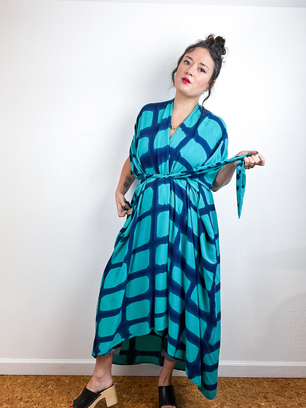 Hand-Dyed High Low Kimono Teal Royal Windowpane