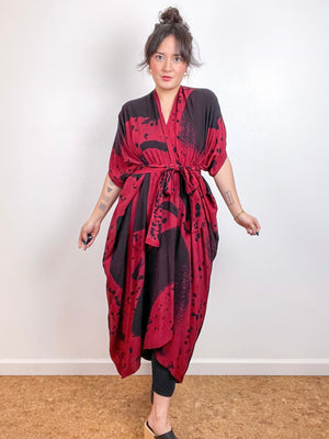 Hand-Dyed High Low Kimono Crimson Black Confetti
